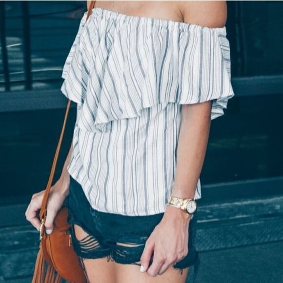 WAYF Blue White Pullover Striped Off the Shoulder Blouse Top Size XS Made in USA - Picture 2 of 16